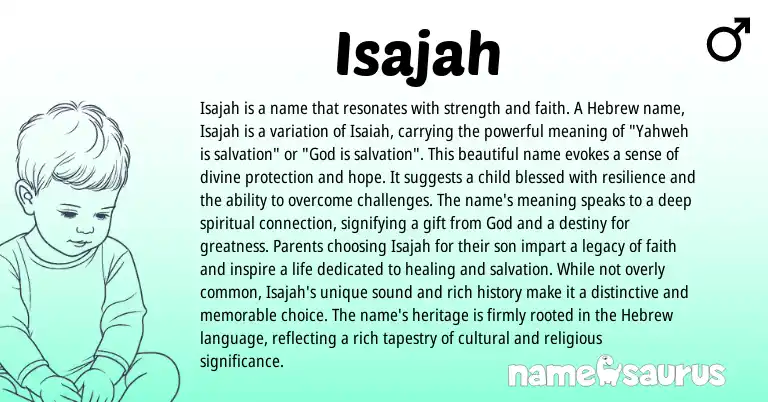 Infographic about Isajah name meaning, Isajah is a name from Hebrew origin(s).