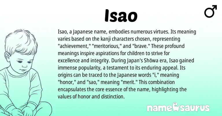 Infographic about Isao name meaning, Isao is a name from Japanese origin(s).