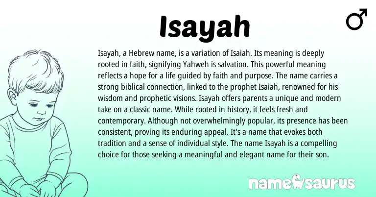 Infographic about Isayah name meaning, Isayah is a name from Hebrew origin(s).