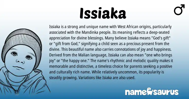 Infographic about Issiaka name meaning, Issiaka is a name from African, Mandingo, Western origin(s).