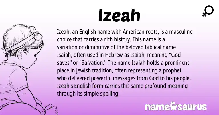 Infographic about Izeah name meaning, Izeah is a name from English (American) origin(s).