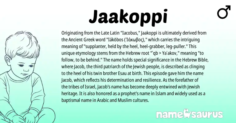 Infographic about Jaakoppi name meaning, Jaakoppi is a name from Ancient Greek, Muslim, Late Latin, Arabic, Jewish, Hebrew origin(s).