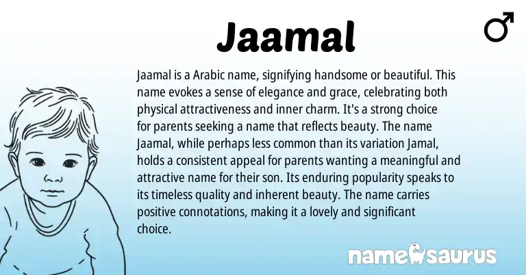 Infographic about Jaamal name meaning, Jaamal is a name from Arabic origin(s).
