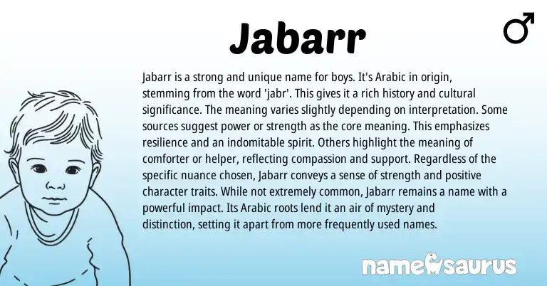 Infographic about Jabarr name meaning, Jabarr is a name from Arabic origin(s).