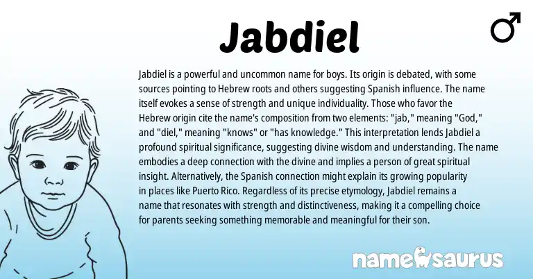 Infographic about Jabdiel name meaning, Jabdiel is a name from Hebrew origin(s).