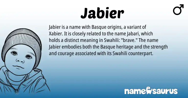 Infographic about Jabier name meaning, Jabier is a name from Basque, Swahili origin(s).