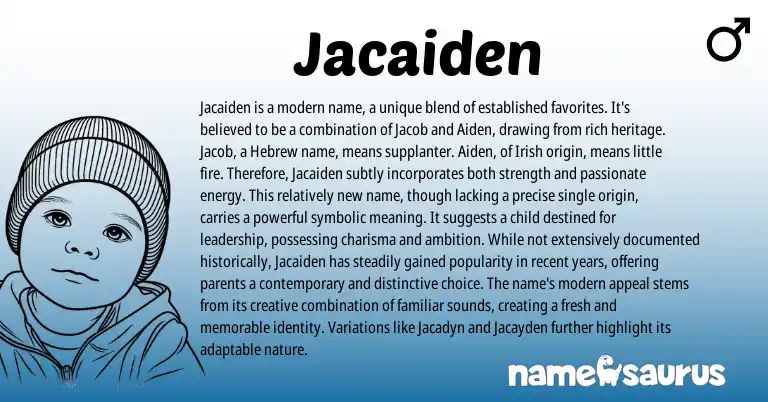 Infographic about Jacaiden name meaning, Jacaiden is a name from Hebrew, Irish origin(s).