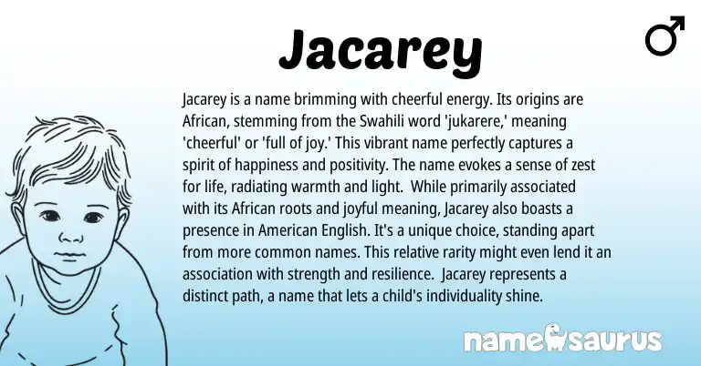 Infographic about Jacarey name meaning, Jacarey is a name from African, Swahili origin(s).