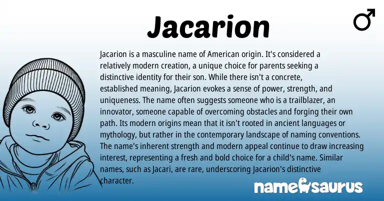 Infographic about Jacarion name meaning, Jacarion is a name from American origin(s).