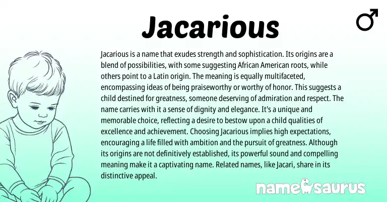Infographic about Jacarious name meaning, Jacarious is a name from Latin, American origin(s).