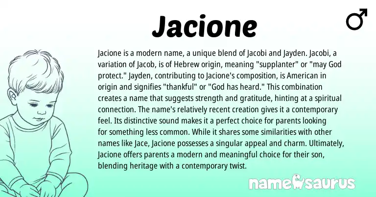 Infographic about Jacione name meaning, Jacione is a name from American, Hebrew origin(s).