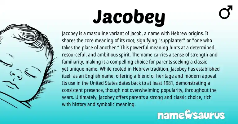 Infographic about Jacobey name meaning, Jacobey is a name from Hebrew origin(s).