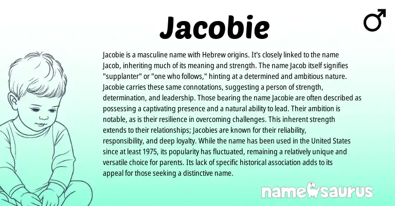 Infographic about Jacobie name meaning, Jacobie is a name from Hebrew origin(s).