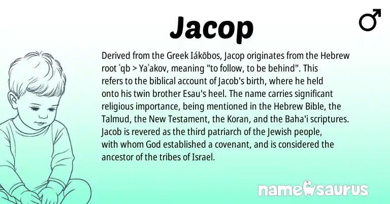 Infographic about Jacop name meaning, Jacop is a name from Jewish, Hebrew, Greek origin(s).