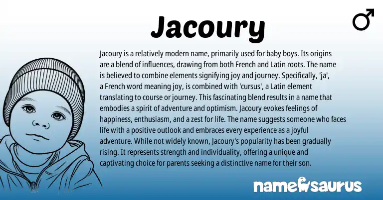 Infographic about Jacoury name meaning, Jacoury is a name from Latin, French origin(s).