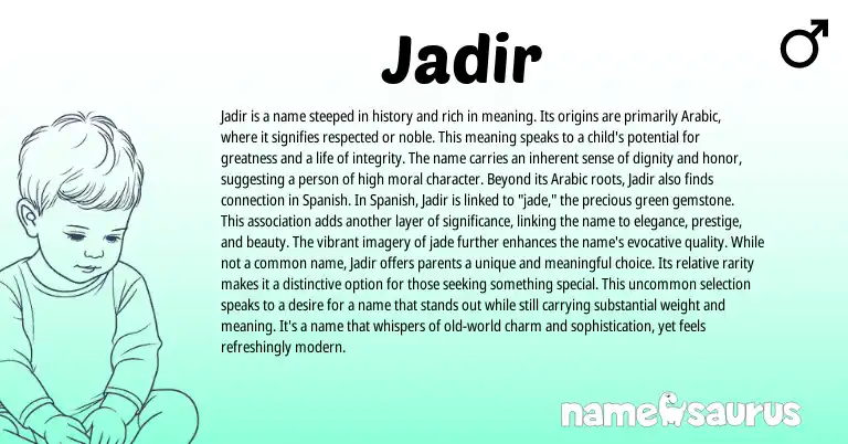 Infographic about Jadir name meaning, Jadir is a name from Spanish, Arabic origin(s).
