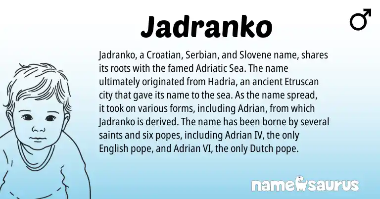 Infographic about Jadranko name meaning, Jadranko is a name from Croatian, English, Etruscan, Dutch, Serbian, Slovene origin(s).