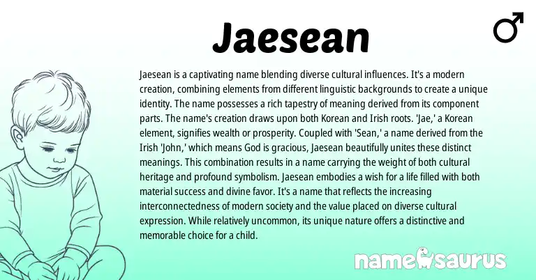 Infographic about Jaesean name meaning, Jaesean is a name from Korean, Irish, American origin(s).