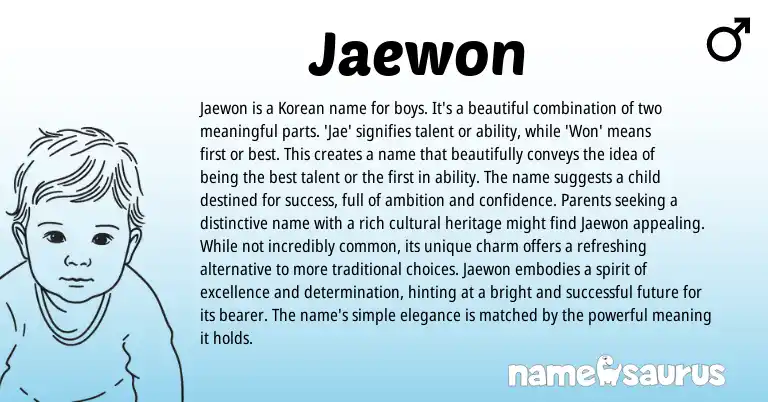 Infographic about Jaewon name meaning, Jaewon is a name from Korean origin(s).