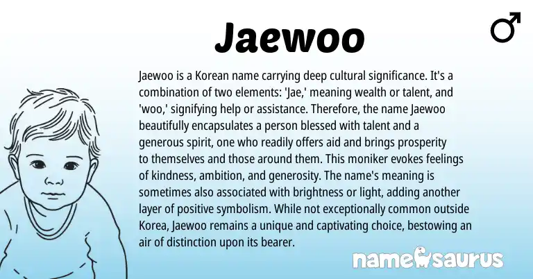 Infographic about Jaewoo name meaning, Jaewoo is a name from Korean origin(s).