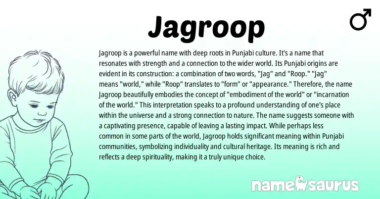Infographic about Jagroop name meaning, Jagroop is a name from Hindu, Punjabi, Sikh origin(s).