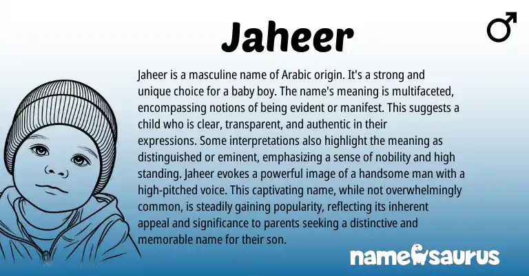 Infographic about Jaheer name meaning, Jaheer is a name from Urdu, Arabic origin(s).