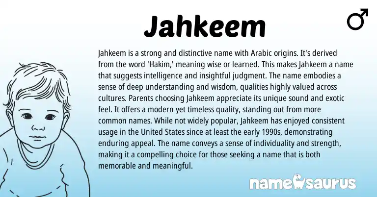 Infographic about Jahkeem name meaning, Jahkeem is a name from Arabic origin(s).