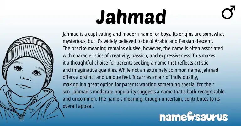 Infographic about Jahmad name meaning, Jahmad is a name from Arabic origin(s).