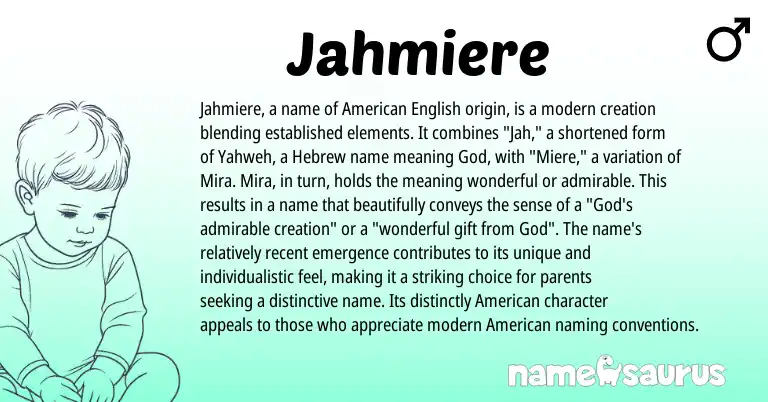 Infographic about Jahmiere name meaning, Jahmiere is a name from Hebrew, American origin(s).