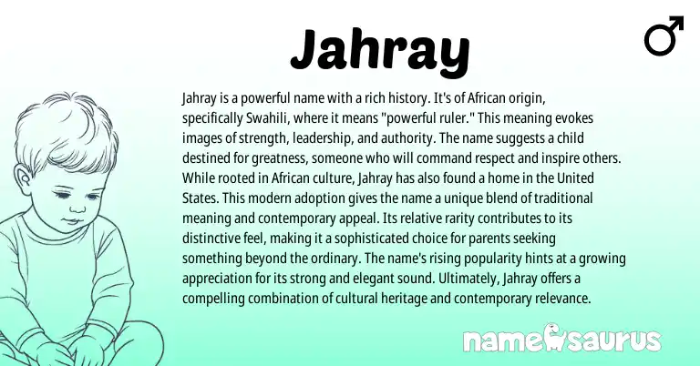 Infographic about Jahray name meaning, Jahray is a name from African, Swahili origin(s).