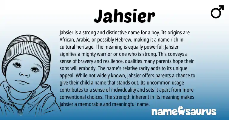 Infographic about Jahsier name meaning, Jahsier is a name from African, Hebrew, Arabic origin(s).