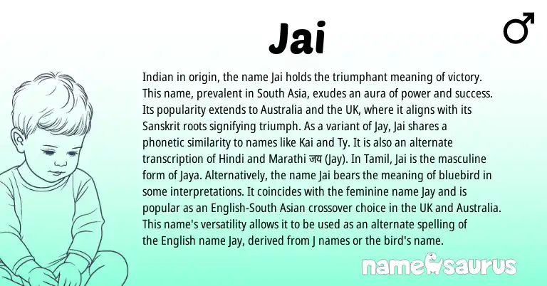 Infographic about Jai name meaning, Jai is a name from English, Indian, Hindi, Tamil, Sanskrit, Marathi, Asian origin(s).
