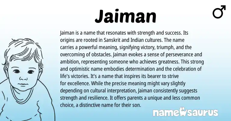 Infographic about Jaiman name meaning, Jaiman is a name from Indian, Sanskrit origin(s).