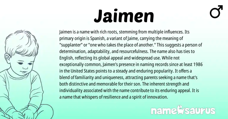 Infographic about Jaimen name meaning, Jaimen is a name from Spanish origin(s).