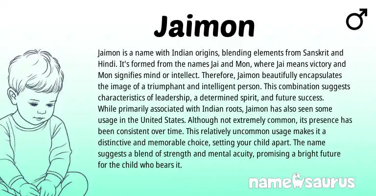 Infographic about Jaimon name meaning, Jaimon is a name from Hindi, Indian, Sanskrit origin(s).