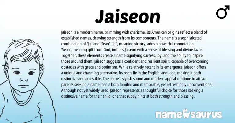 Infographic about Jaiseon name meaning, Jaiseon is a name from American origin(s).