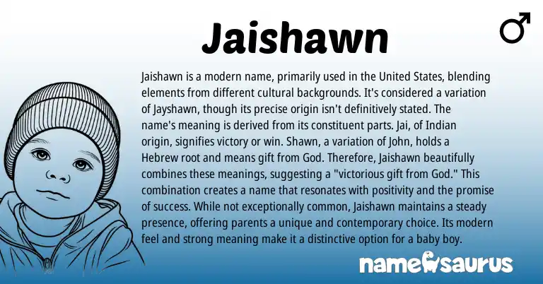 Infographic about Jaishawn name meaning, Jaishawn is a name from Indian, American origin(s).