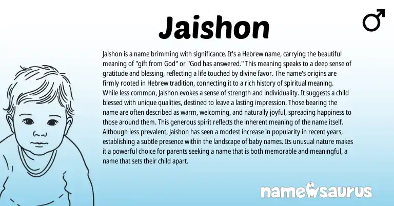 Infographic about Jaishon name meaning, Jaishon is a name from Hebrew origin(s).