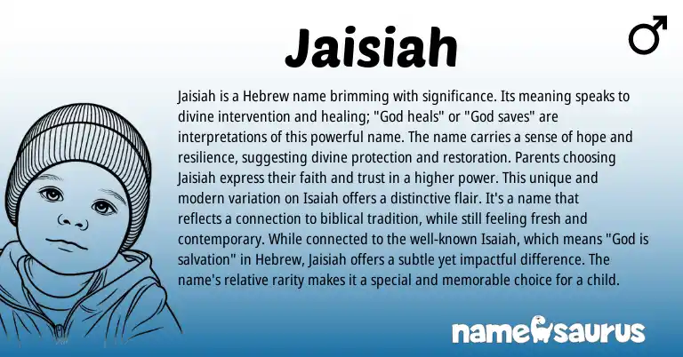 Infographic about Jaisiah name meaning, Jaisiah is a name from Hebrew origin(s).