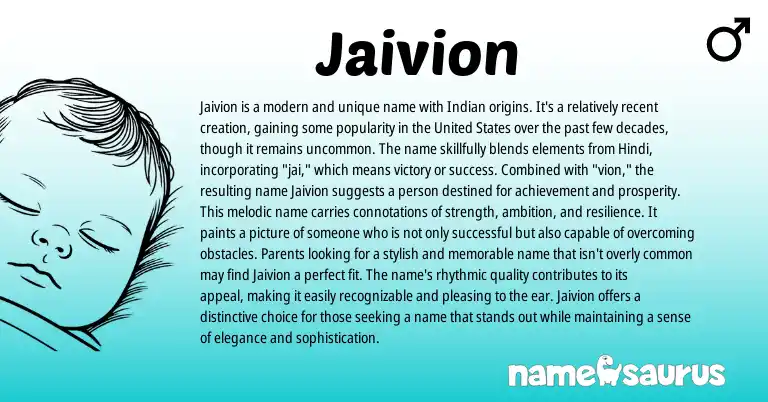 Infographic about Jaivion name meaning, Jaivion is a name from Indian, Hindi origin(s).