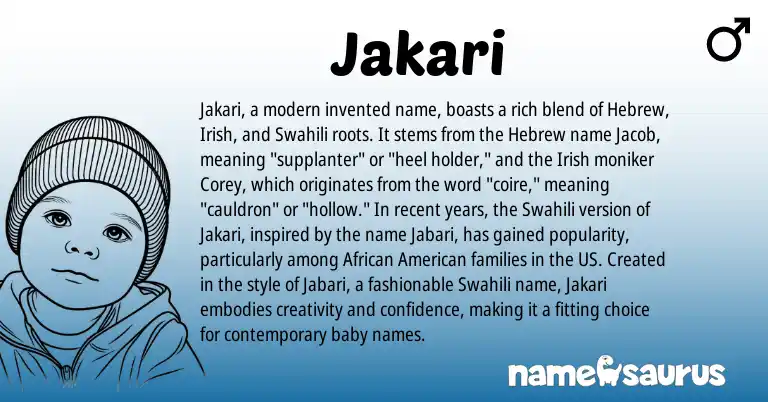 Infographic about Jakari name meaning, Jakari is a name from Irish, American, Swahili, African, Hebrew origin(s).