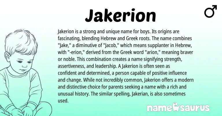 Infographic about Jakerion name meaning, Jakerion is a name from Greek, Hebrew origin(s).