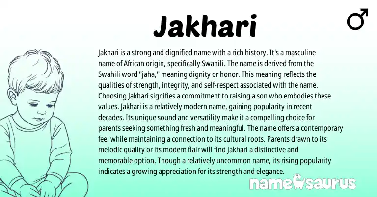 Infographic about Jakhari name meaning, Jakhari is a name from African, Swahili origin(s).