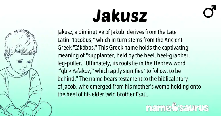 Infographic about Jakusz name meaning, Jakusz is a name from Late Latin, Greek, Hebrew, Ancient Greek origin(s).