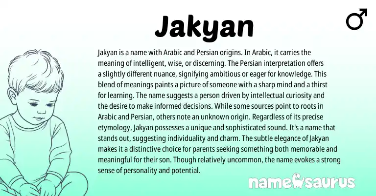 Infographic about Jakyan name meaning, Jakyan is a name from Persian, Arabic origin(s).