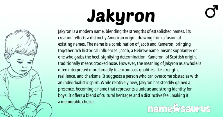 Infographic about Jakyron name meaning, Jakyron is a name from Scottish, American, Hebrew origin(s).