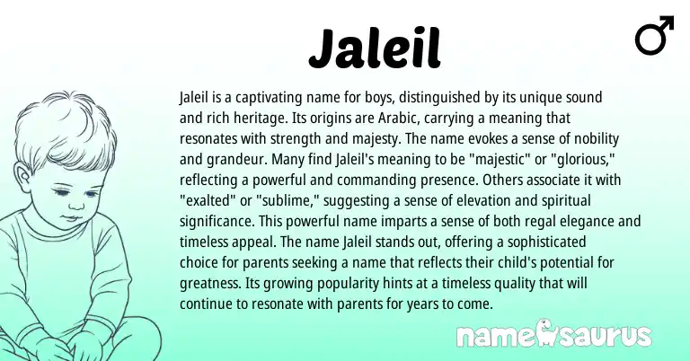 Infographic about Jaleil name meaning, Jaleil is a name from Arabic origin(s).