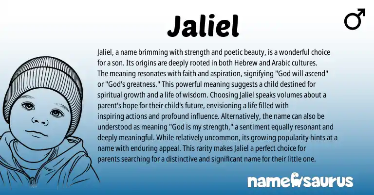 Infographic about Jaliel name meaning, Jaliel is a name from Hebrew, Arabic origin(s).
