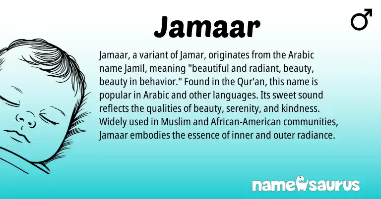 Infographic about Jamaar name meaning, Jamaar is a name from Arabic, African, Muslim, American origin(s).