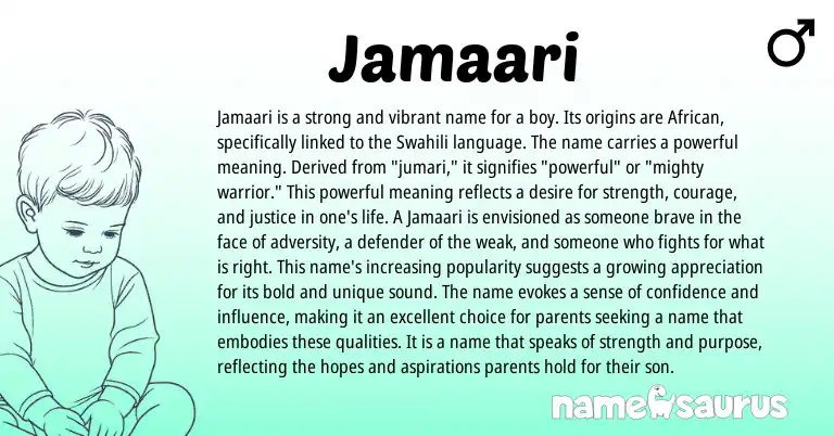 Infographic about Jamaari name meaning, Jamaari is a name from African origin(s).